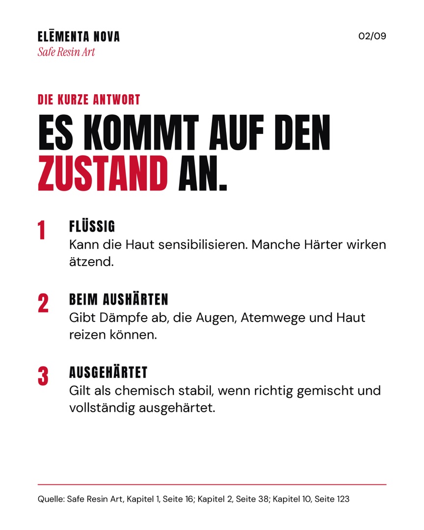 Weiße Folie „Es kommt auf den Zustand an“ mit drei nummerierten Punkten: flüssig sensibilisiert Epoxidharz die Haut, beim Aushärten entstehen reizende Dämpfe, ausgehärtet gilt es bei richtiger Mischung als chemisch stabil.