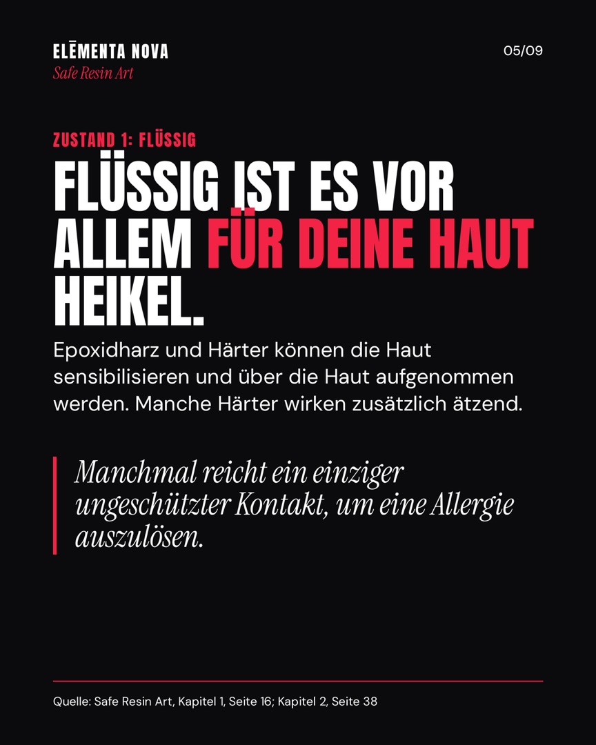 Schwarze Folie „Flüssig ist es vor allem für deine Haut heikel“ mit dem Hinweis, dass schon ein einziger ungeschützter Kontakt eine Allergie auslösen kann.