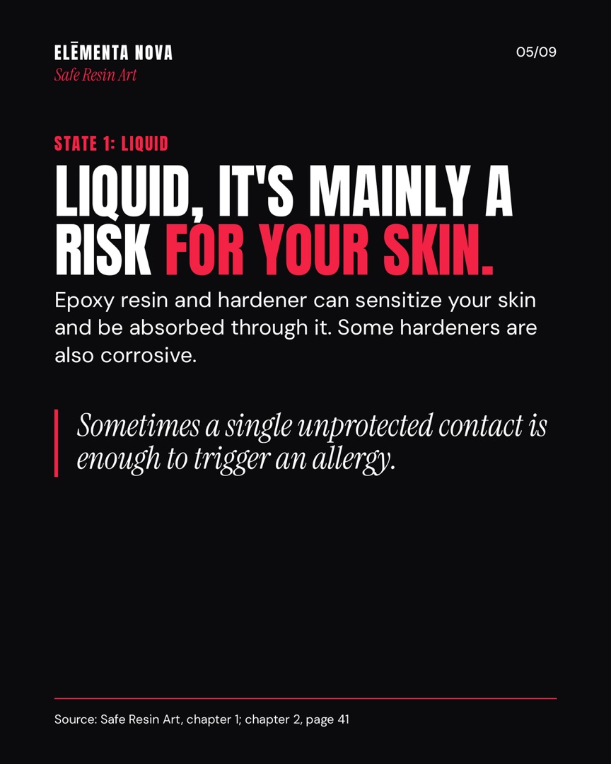 Black slide "Liquid, it's mainly a risk for your skin" noting that a single unprotected contact can be enough to trigger an allergy.