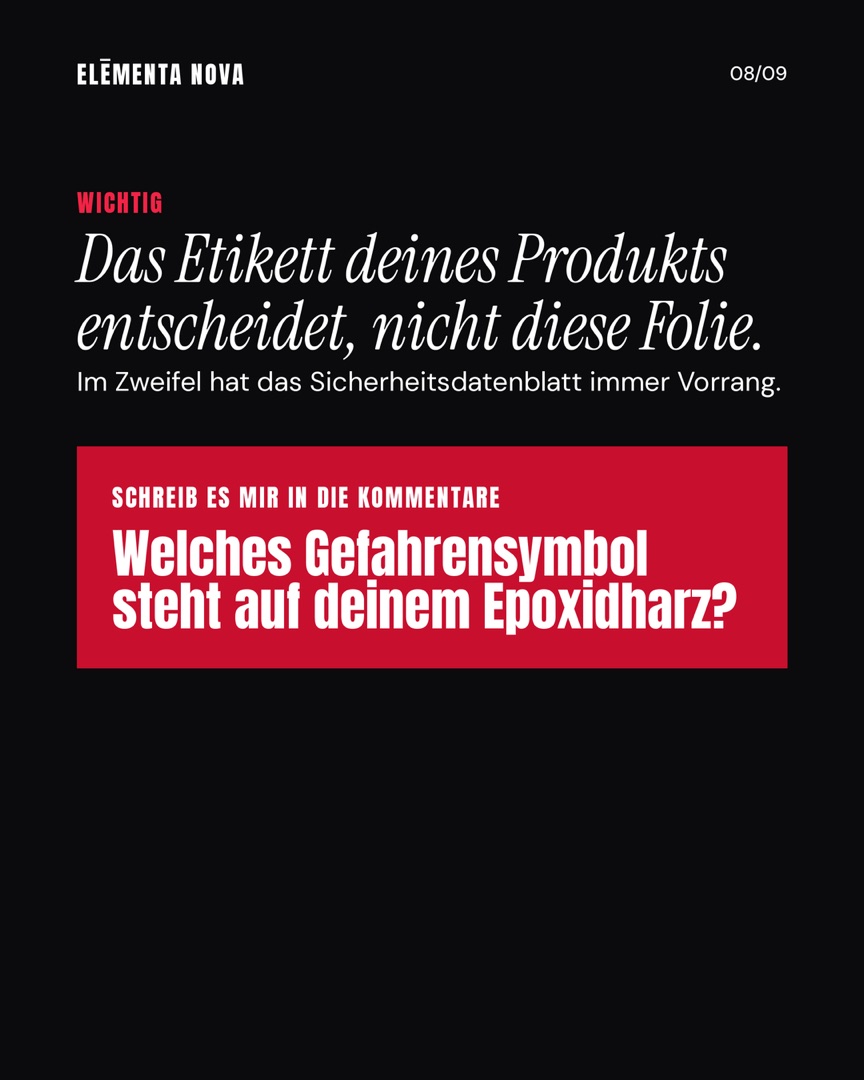 Schwarze Abschlussfolie „Das Etikett deines Produkts entscheidet, nicht diese Folie“ mit der Frage „Welches Gefahrensymbol steht auf deinem Epoxidharz?“ und der Signatur Natalie Pikul.