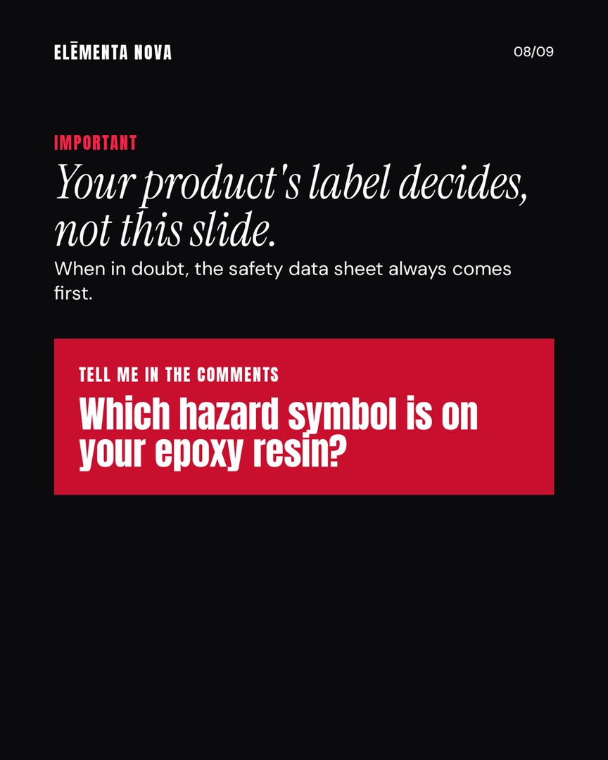 Black closing slide "Your product's label decides, not this slide" with the question "Which hazard symbol is on your epoxy resin?"