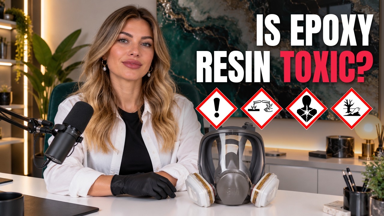 Miniature de la vidéo YouTube « Is Epoxy Resin Toxic? » avec Natalie Pikul dans son studio, un masque complet et quatre pictogrammes de danger
