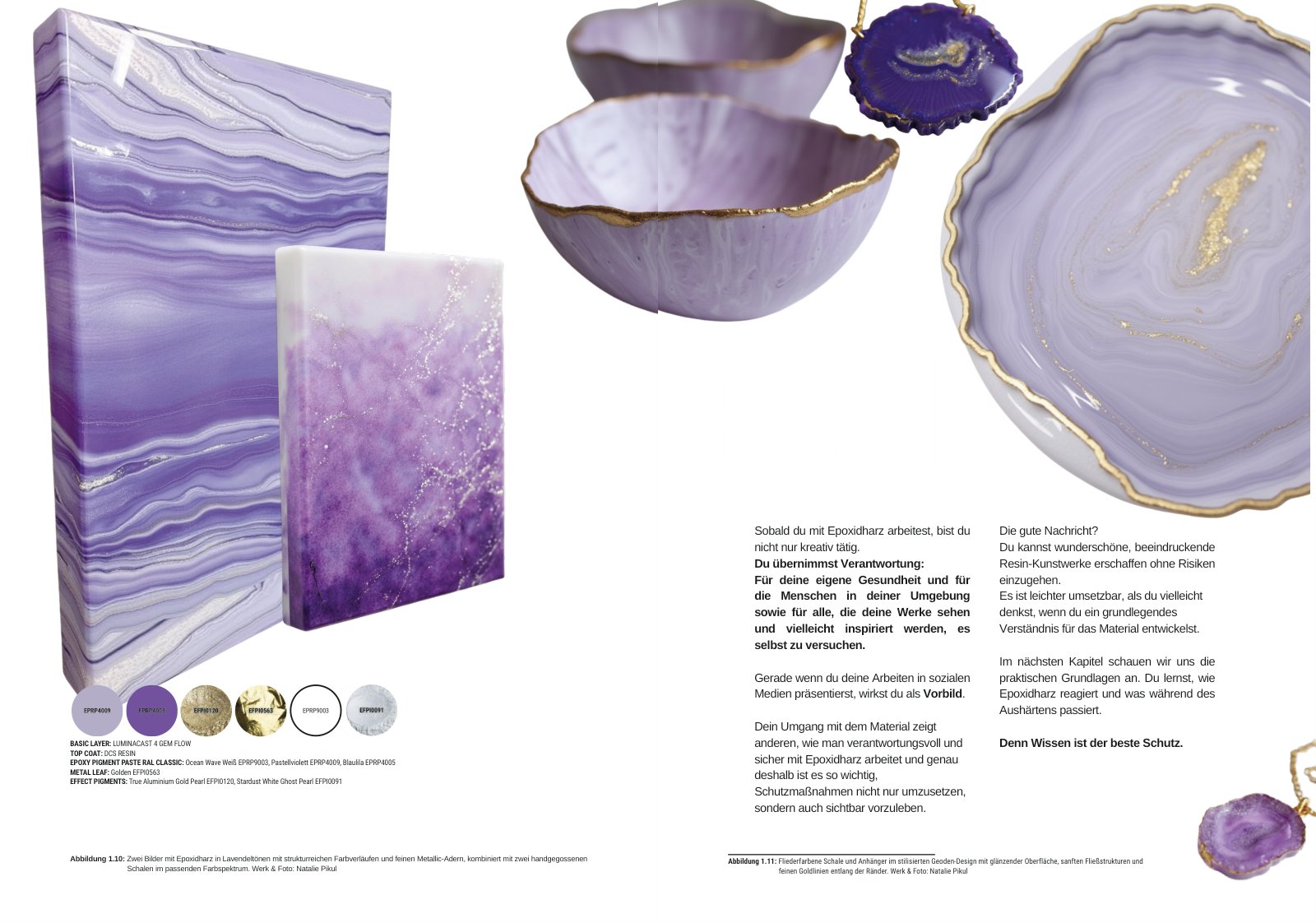 Doppelseite mit Resin-Werken in Lila, Weiß und Gold