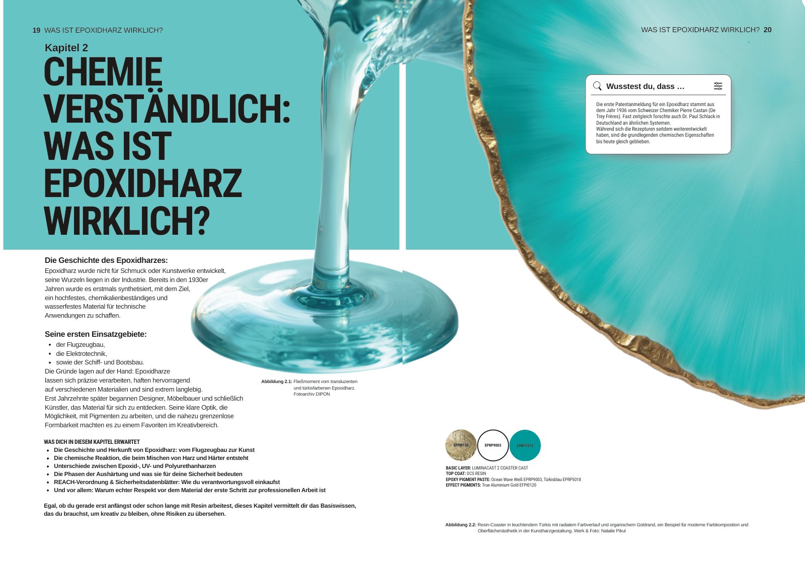 Kapitelanfang Chemie verständlich mit türkisfarbenem Resin-Untersetzer über die Doppelseite