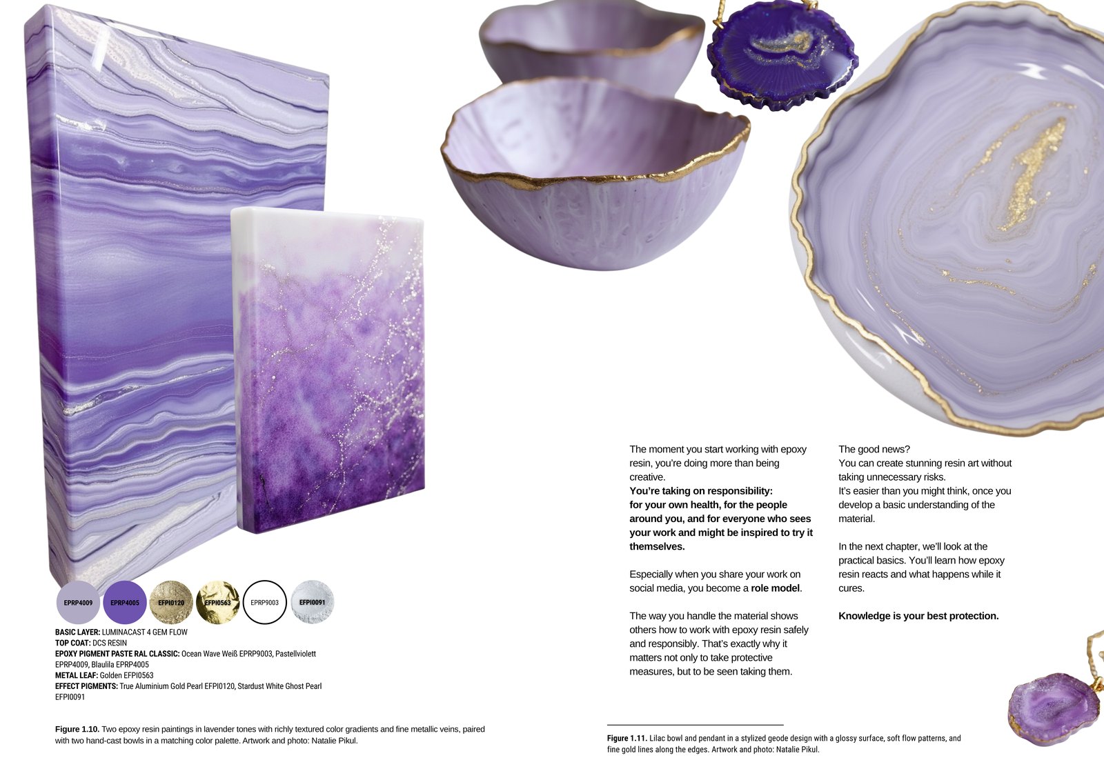 Spread with resin works in lavender, white, and gold