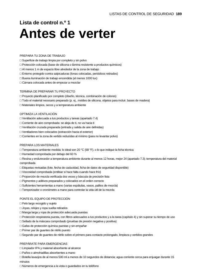 Vista previa: primera página de la lista de control de seguridad n.º 1, antes de verter