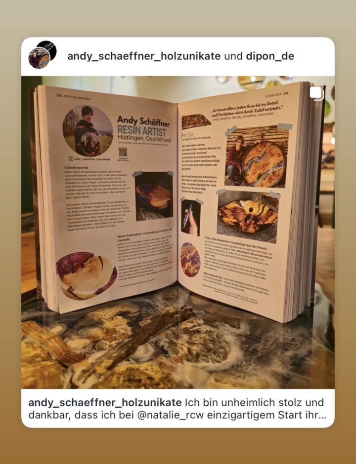 Screenshot: Leserstimme von @andy_schaeffner_holzunikate: Ich darf euch voller Stolz mitteilen, dass ich nun Teil eines Buches bin