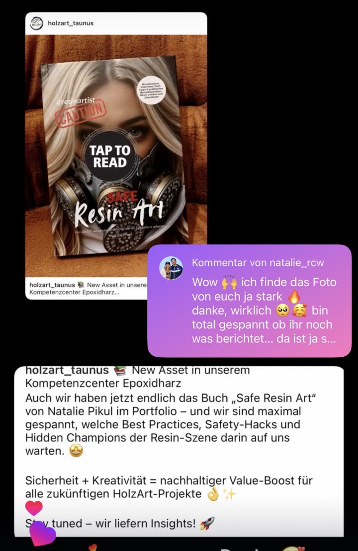 Screenshot: Leserstimme von @holzart_taunus: Auch wir haben jetzt endlich das Buch „Safe Resin Art“ von Natalie Pikul im Portfolio … Sicherheit + Kreativität = nachhaltiger Value-Boost für alle zukünftigen HolzArt-Projekte