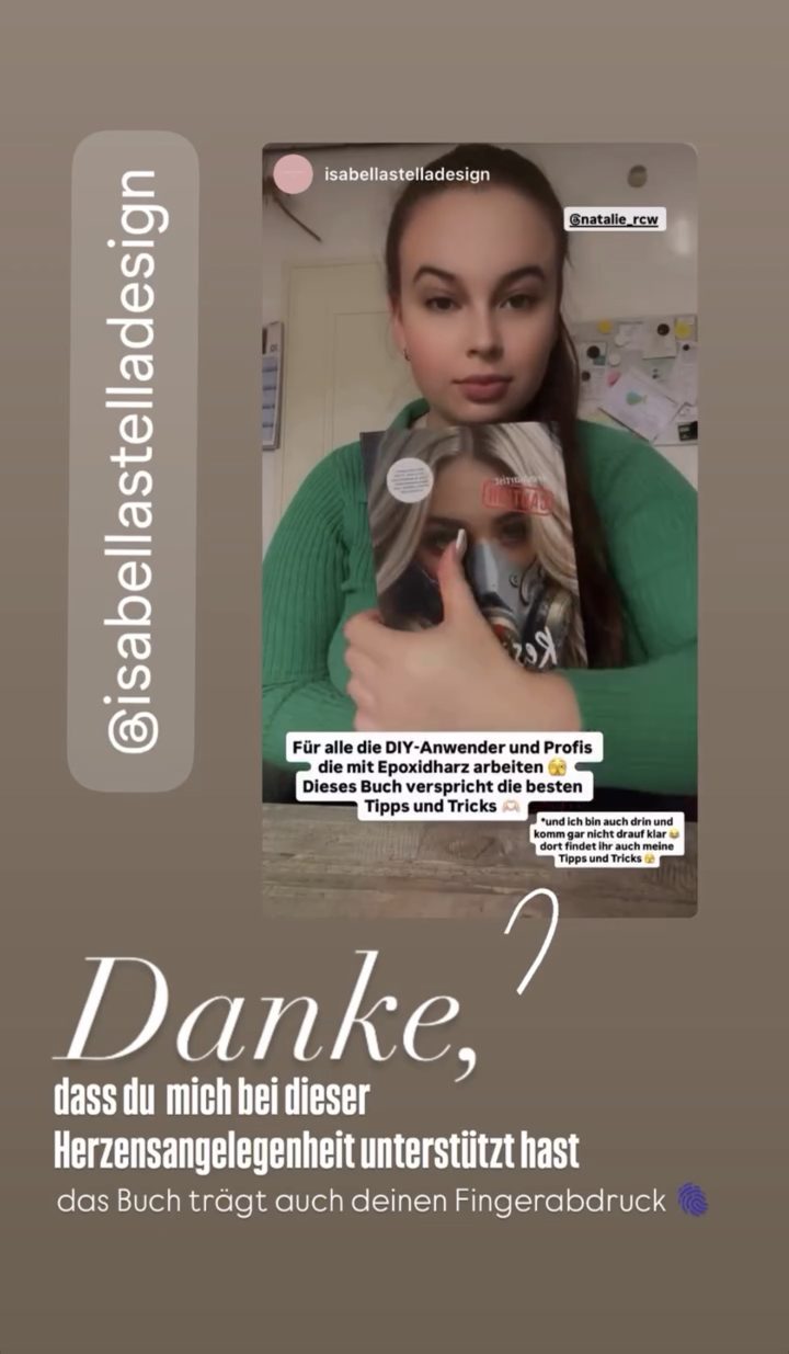 Screenshot: Leserstimme von @isabellastelladesign: Für alle die DIY-Anwender und Profis die mit Epoxidharz arbeiten … Dieses Buch verspricht die besten Tipps und Tricks