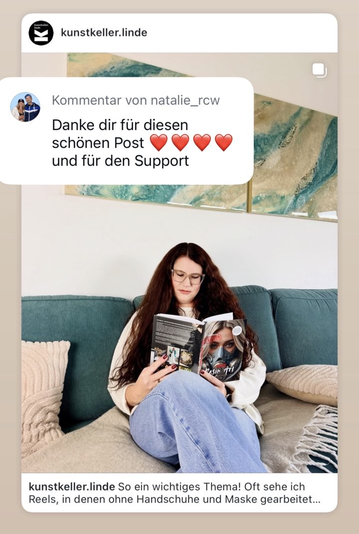 Screenshot: Leserstimme von @kunstkeller.linde: So ein wichtiges Thema! Oft sehe ich Reels, in denen ohne Handschuhe und Maske gearbeitet …