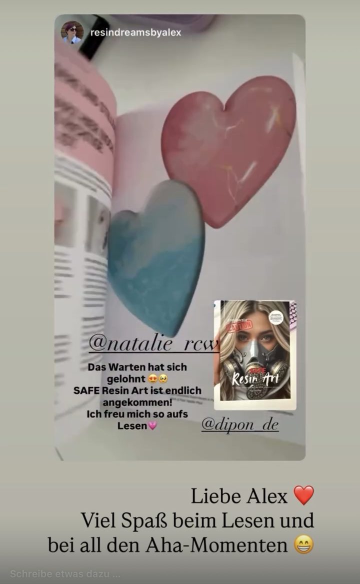 Screenshot: Leserstimme von @resindreamsbyalex: Das Warten hat sich gelohnt … SAFE Resin Art ist endlich angekommen! Ich freu mich so aufs Lesen
