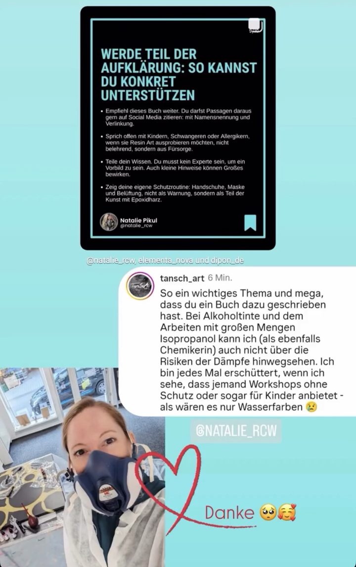Screenshot: Leserstimme von @tansch_art: So ein wichtiges Thema und mega, dass du ein Buch dazu geschrieben hast. … Ich bin jedes Mal erschüttert, wenn ich sehe, dass jemand Workshops ohne Schutz oder sogar für Kinder anb