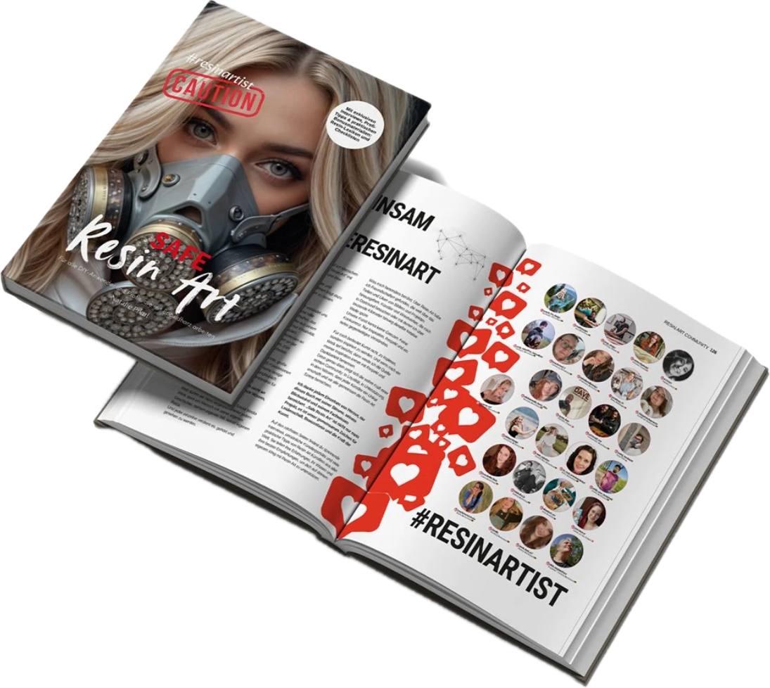 Safe Resin Art, Cover und aufgeschlagene Doppelseite mit der Resin-Art-Community und den Porträts der Künstler