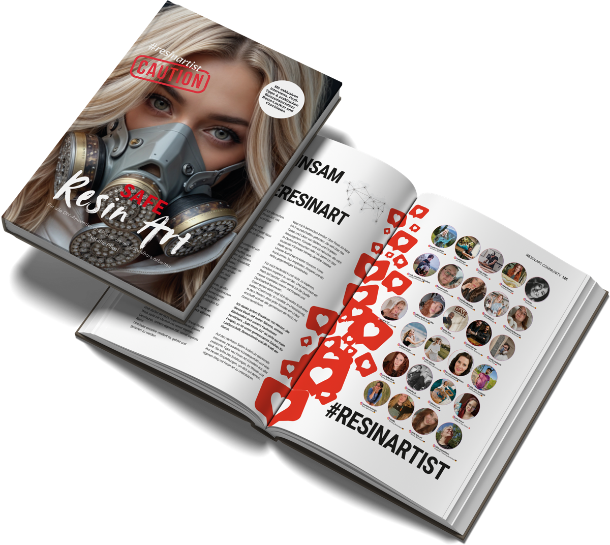 Safe Resin Art: Cover und aufgeschlagene Seiten mit der Resin Art Community (deutsche Ausgabe)